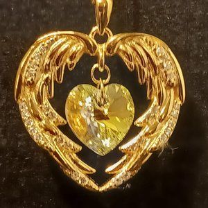 Guardians Angel Wings Pendant Necklace with Gold Heart Crystal for Women